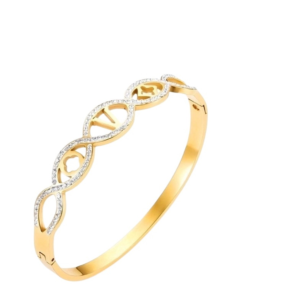 •Feel the Love• Stainless Steel Gold-Tone Bangle Bracelet with Crystal Accents